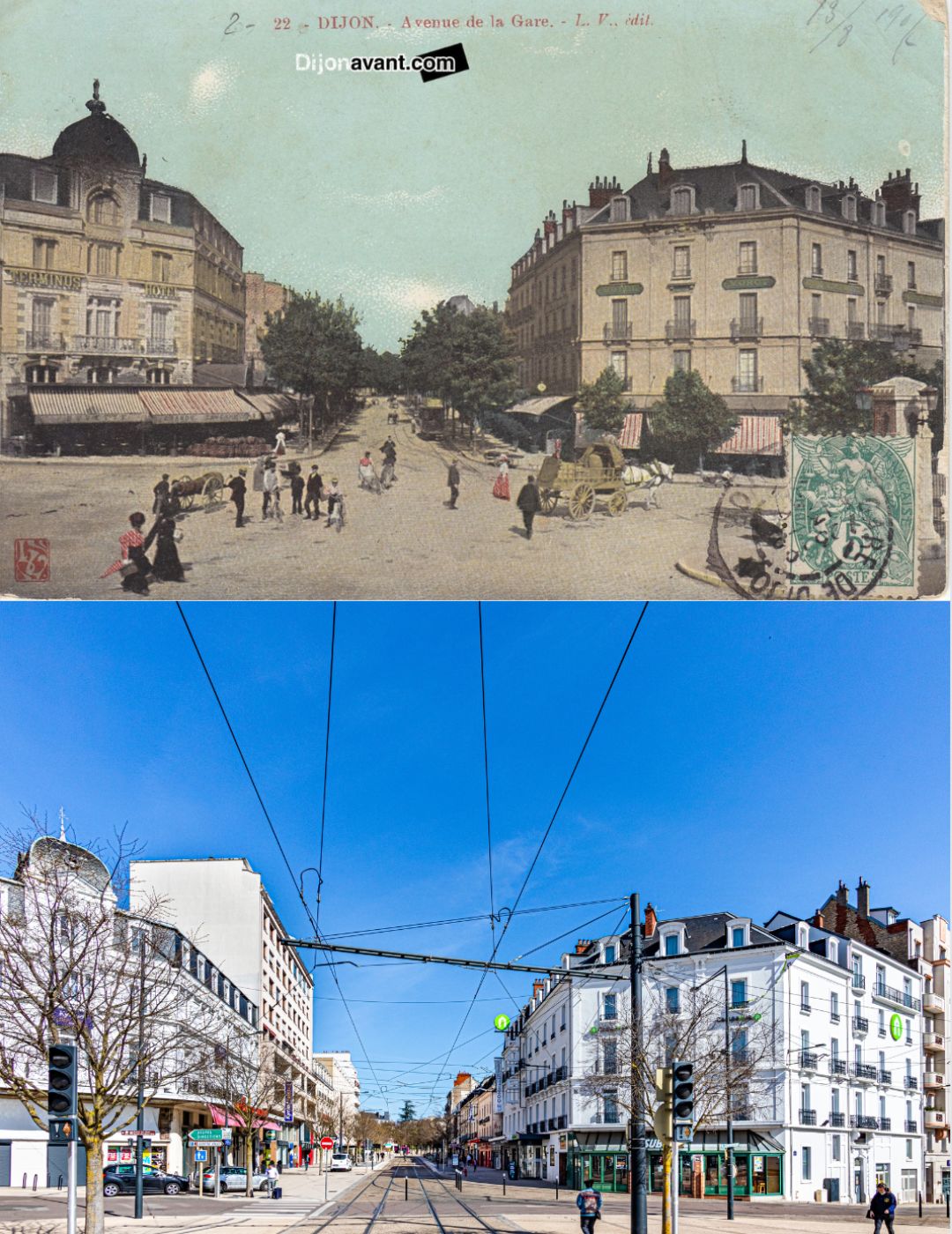 Avenue de la Gare/Avenue Foch, en 1908 et en 2021.