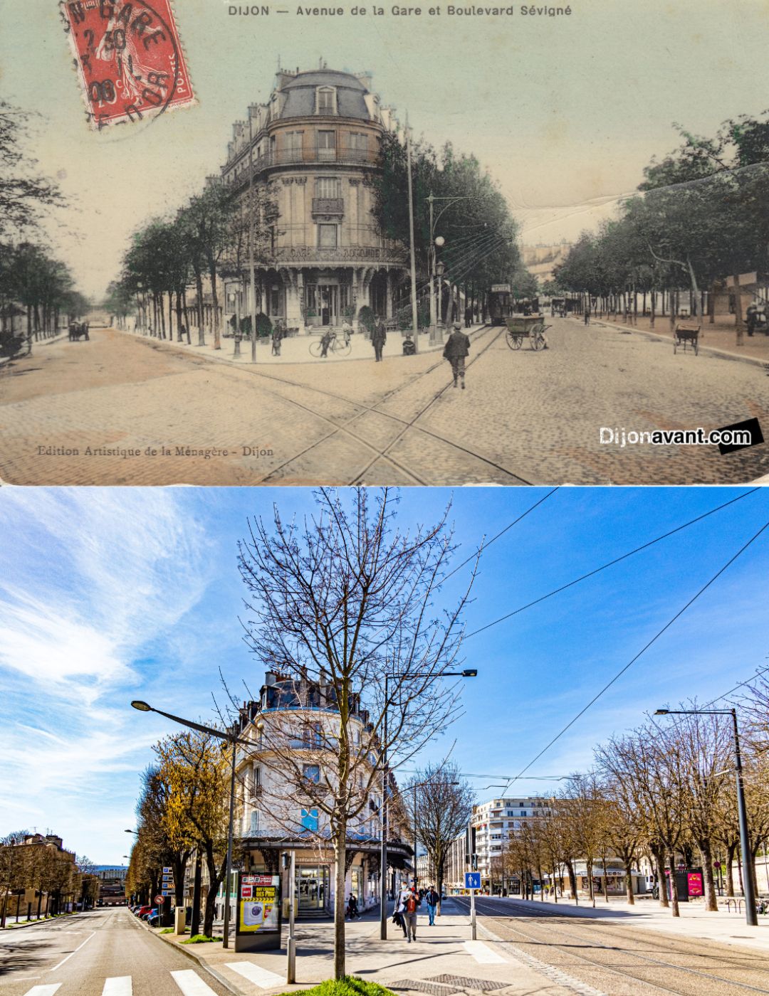 Avenue de la Gare/Avenue Foch et Boulevard de Sévigné, en 1908 et en 2021.