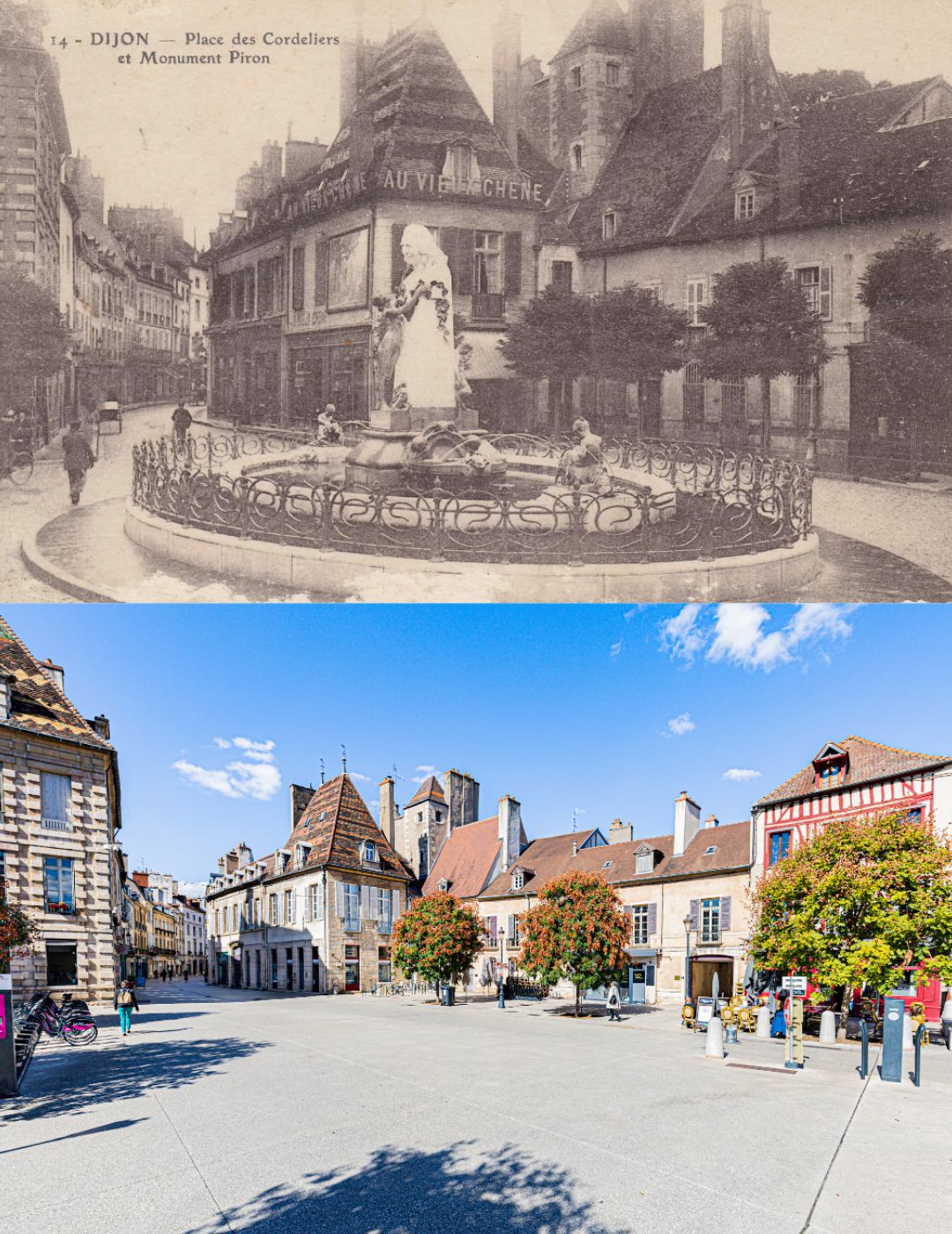 La place des Cordelliers, en 1910 et en 2022.