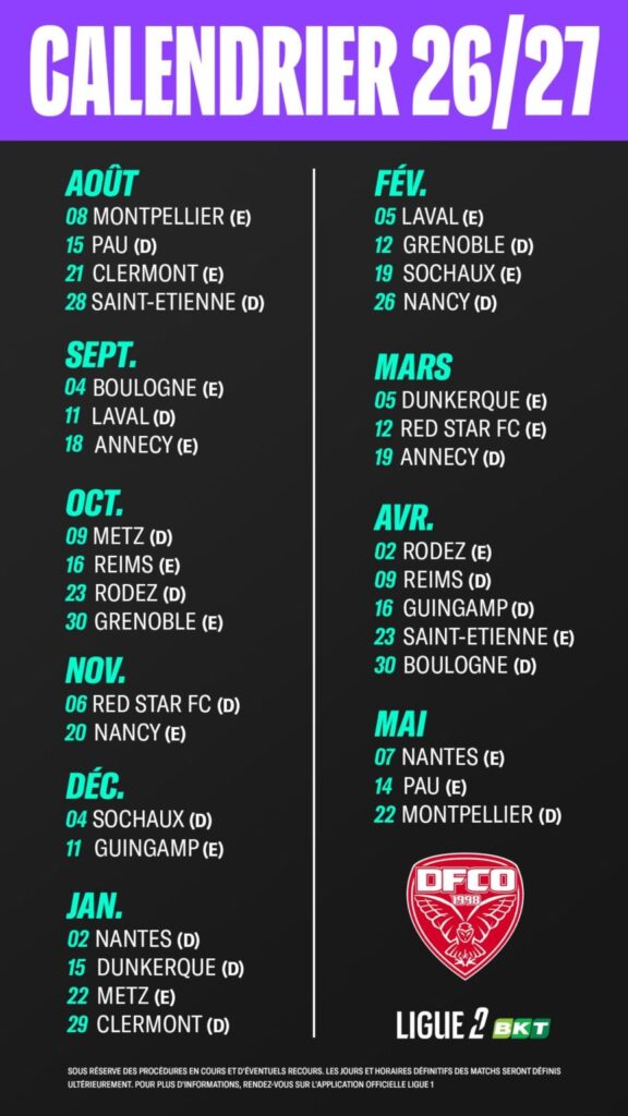 DFCO : Le calendrier complet des matchs de Ligue 2 dévoilé